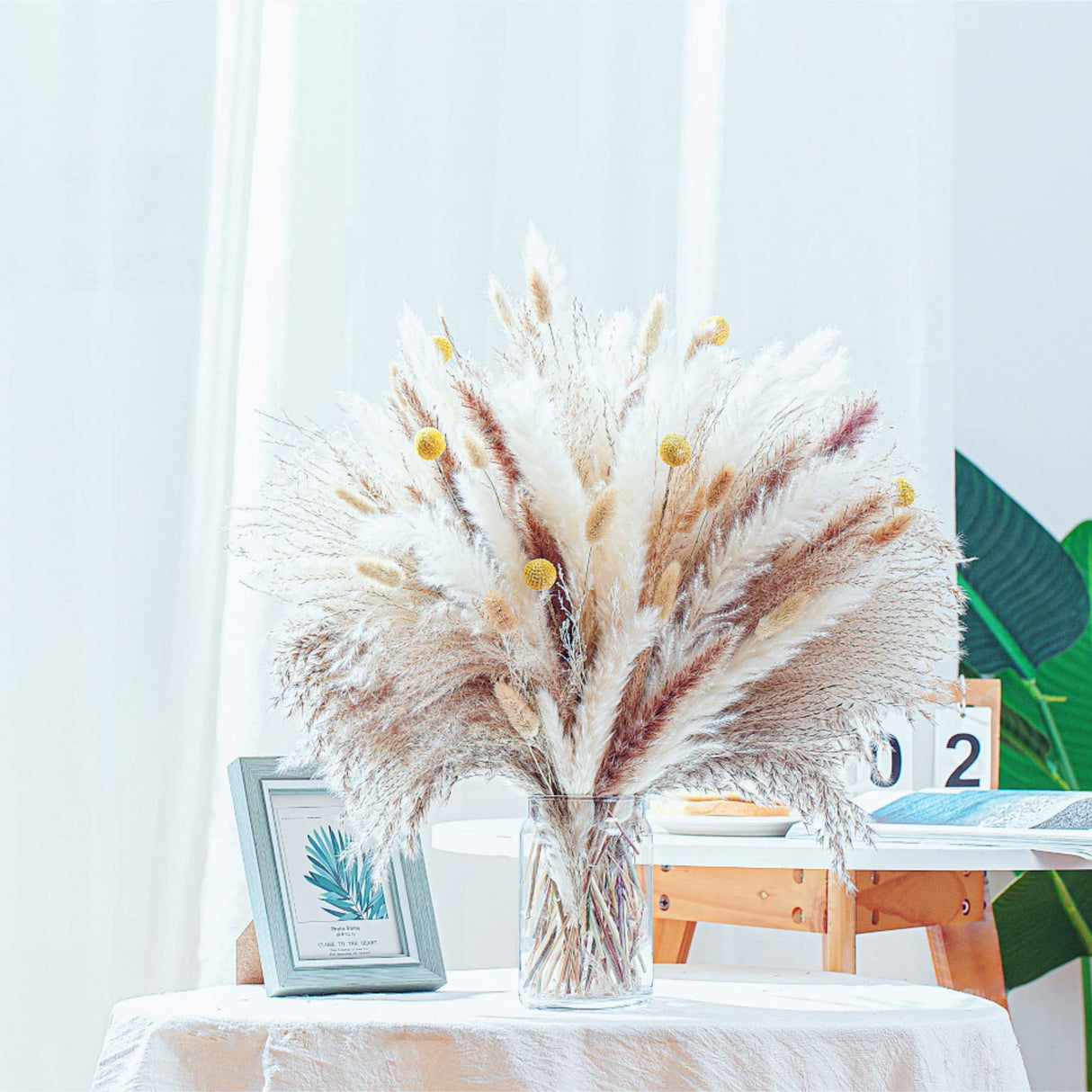 100PCS Natural Dried Pampas Grass Decor - 17.5" Fluffy Pampas Grass Bouquet - Boho Home Decor Dried Flowers for Wedding Floral Room Home Party Table Decorations Secatoho