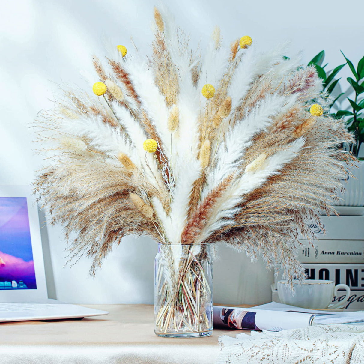 100PCS Natural Dried Pampas Grass Decor - 17.5" Fluffy Pampas Grass Bouquet - Boho Home Decor Dried Flowers for Wedding Floral Room Home Party Table Decorations Secatoho