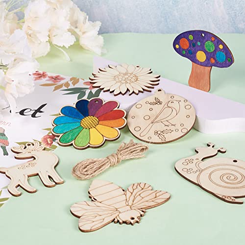 100Pcs Insects Flower Cutouts Wood Slices Unfinished Wooden Ornaments with Hemp Rope for Art Painting, DIY Crafts Project Home Decoration, 10 Styles EEE ELECRELIVE