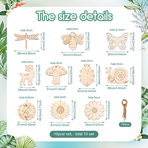 100Pcs Insects Flower Cutouts Wood Slices Unfinished Wooden Ornaments with Hemp Rope for Art Painting, DIY Crafts Project Home Decoration, 10 Styles EEE ELECRELIVE