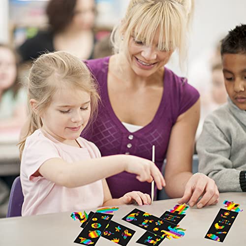 100Pcs Scratch Art Bookmarks Making Kit for Kids, Scratch Paper DIY Animal Bookmarks Bulk with 100 Pcs Ribbons and 100 Pcs Wood Stylus for Classroom Tcvents