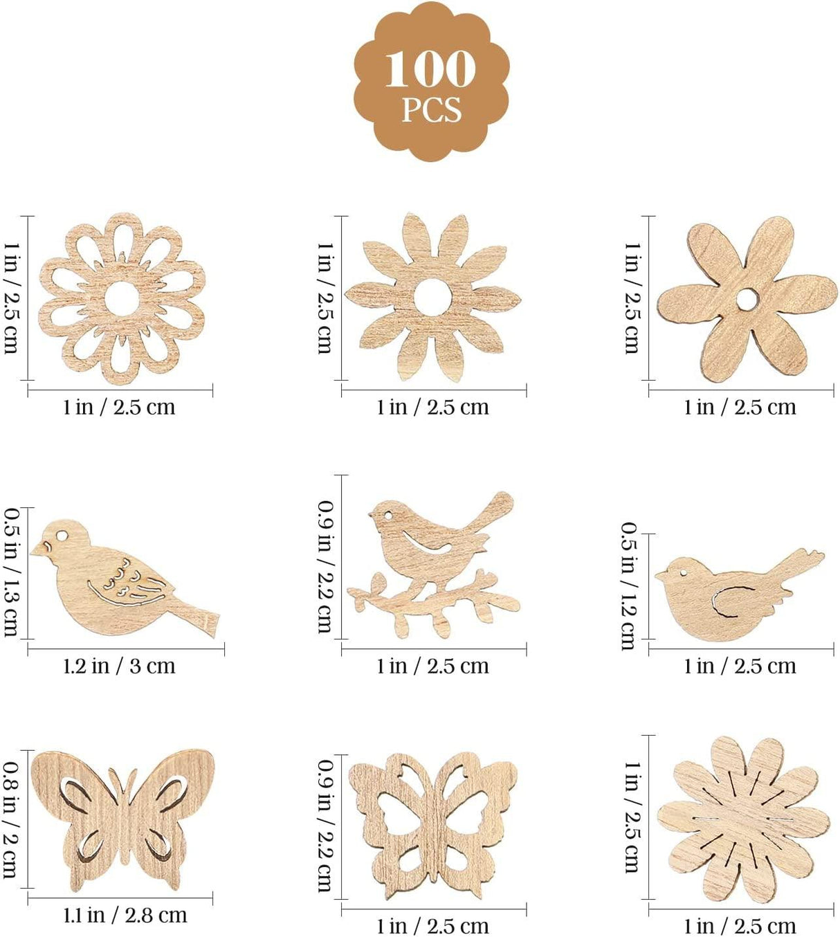 100Pcs Wood Crafts Flowers for Wooden Slices Embellishments Butterflies Butterfly Tiny Bird WoodArtSupply