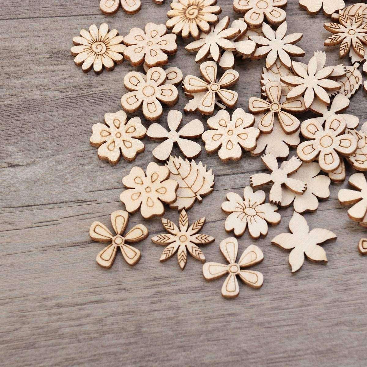 100Pcs Wood Discs Slices Flower Shape Unfinished Wooden Cutouts Craft DIY Decoration WoodArtSupply