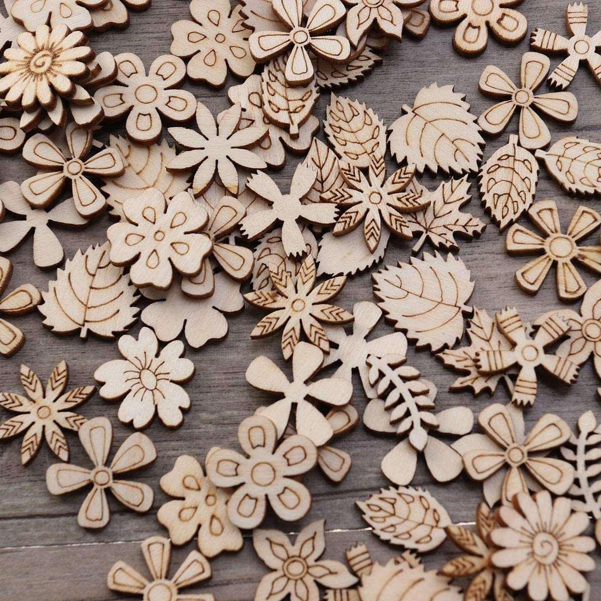 100Pcs Wood Discs Slices Flower Shape Unfinished Wooden Cutouts Craft DIY Decoration WoodArtSupply
