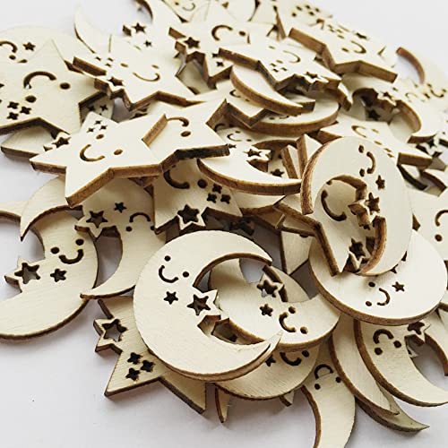 100Pcs of Small Stars and Moon Shaped Wood DIY is Used to Make Tree Decorations, and Wood Chips are Cut to Decorate Gifts YYMSEN