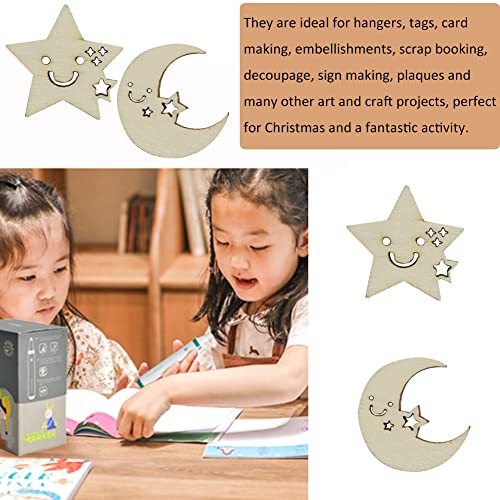 100Pcs of Small Stars and Moon Shaped Wood DIY is Used to Make Tree Decorations, and Wood Chips are Cut to Decorate Gifts YYMSEN