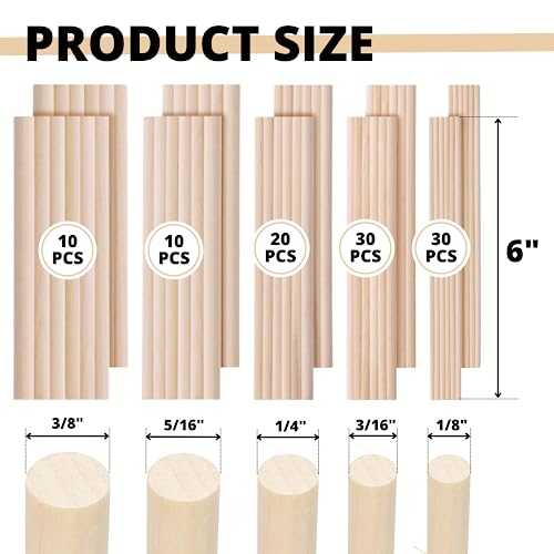 100 PCS Wooden Dowel Rods 6 inch Wood Dowels Assorted Sizes Wood Craft Sticks 1/8 3/16 1/4 5/16 3/8 x 6 Inch Bamboo Wood Sticks Long Wooden Sticks YARRD