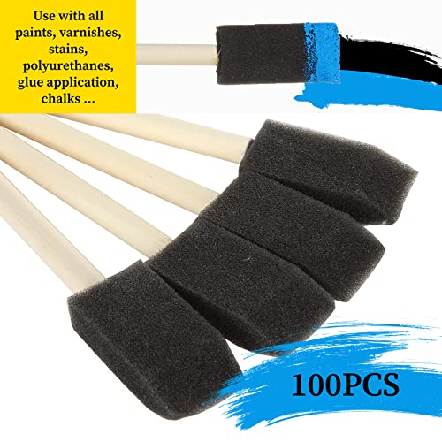 100 Pack 1 inch Foam Brush Sponge Wood Handle Paint Brush Foam Sponge Brush for Acrylics, Stains, Varnishes, Crafts FWEEK