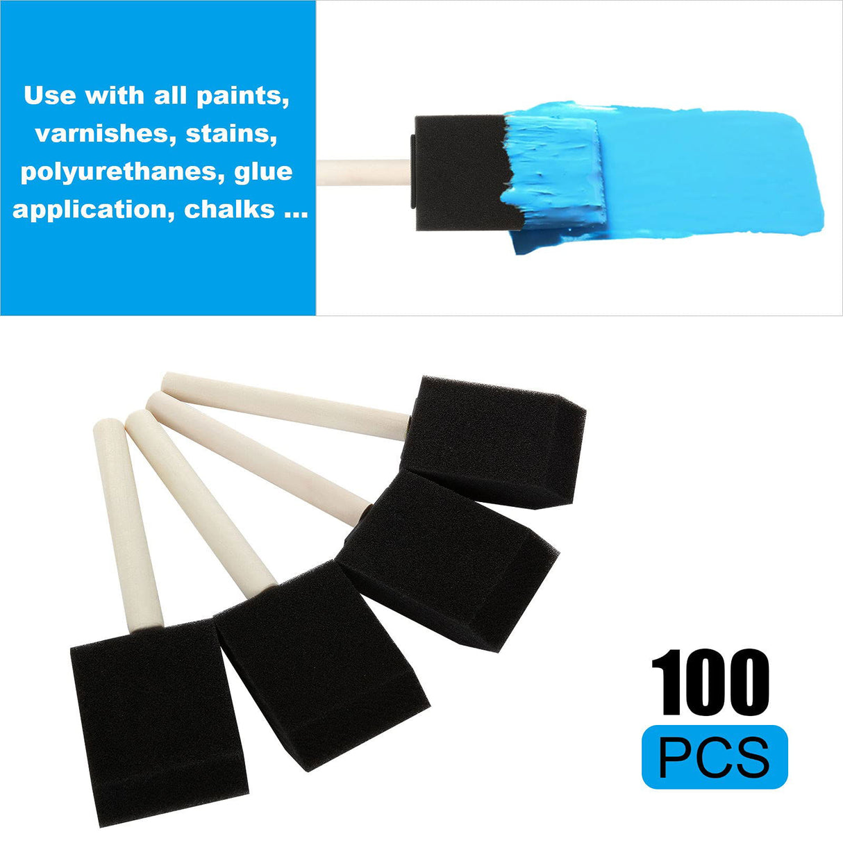 100 Pack 2 inch Foam Brush Sponge Wood Handle Paint Brush Foam Sponge Brush for Acrylics, Stains, Varnishes, Crafts FWEEK
