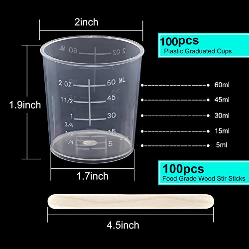 100 Pack 60ml/2oz Plastic Graduated Cups Transparent Scale Cups Plastic Measuring Cups Clear Epoxy Mixing Cups with 100 Pack Wooden Stirring Sticks Mototo