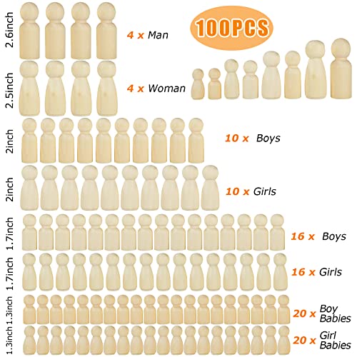 100 Pack Wooden Peg Dolls Unfinished, Wooden Peg People with Box, Wooden People Figures to Paint, Doll Bodies, Decorative Peg Doll People for DIY Art EATHEATY