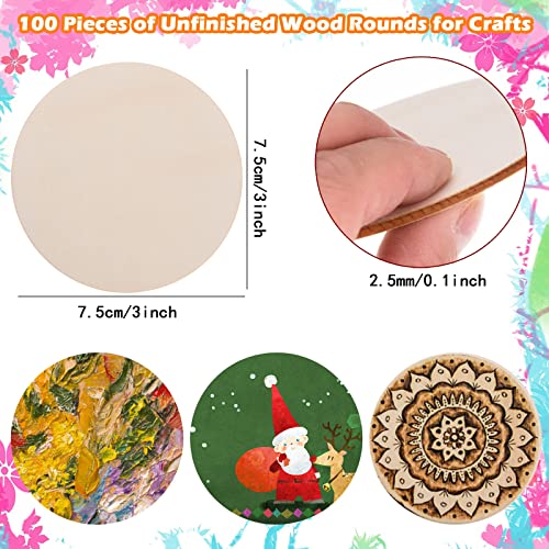 100 Pcs 3 Inch Wood Circles for Crafts Unfinished Wood Circles Natural Round Wooden Disc Cutouts Blank Round Wood Circle Slices for DIY Crafts, AWIZOM