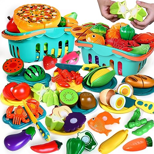 100 Pcs Play Food Set for Kids Kitchen, Pretend Food Toy for Toddlers Age 1-3, Plastics Cutting Fake Food/ Fruit/ Vegetable Accessories with 2 BAODLON