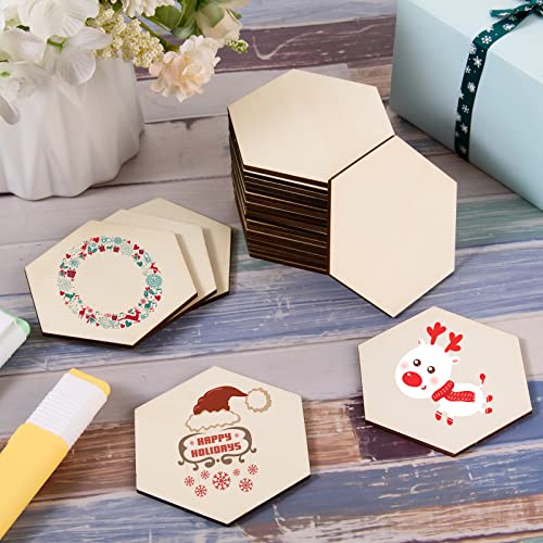 100 Pcs Unfinished Hexagon Wood Pieces Blank Wooden Hexagon Shape Cutouts Natural Wooden Tile Slabs Cutouts Slices for DIY Crafts Coaster Holiday AWIZOM