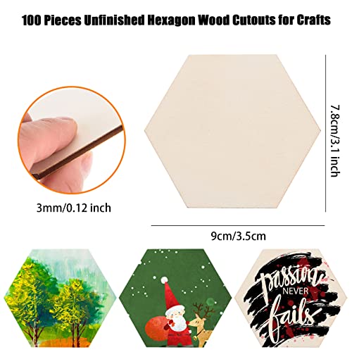 100 Pcs Unfinished Hexagon Wood Pieces Blank Wooden Hexagon Shape Cutouts Natural Wooden Tile Slabs Cutouts Slices for DIY Crafts Coaster Holiday AWIZOM