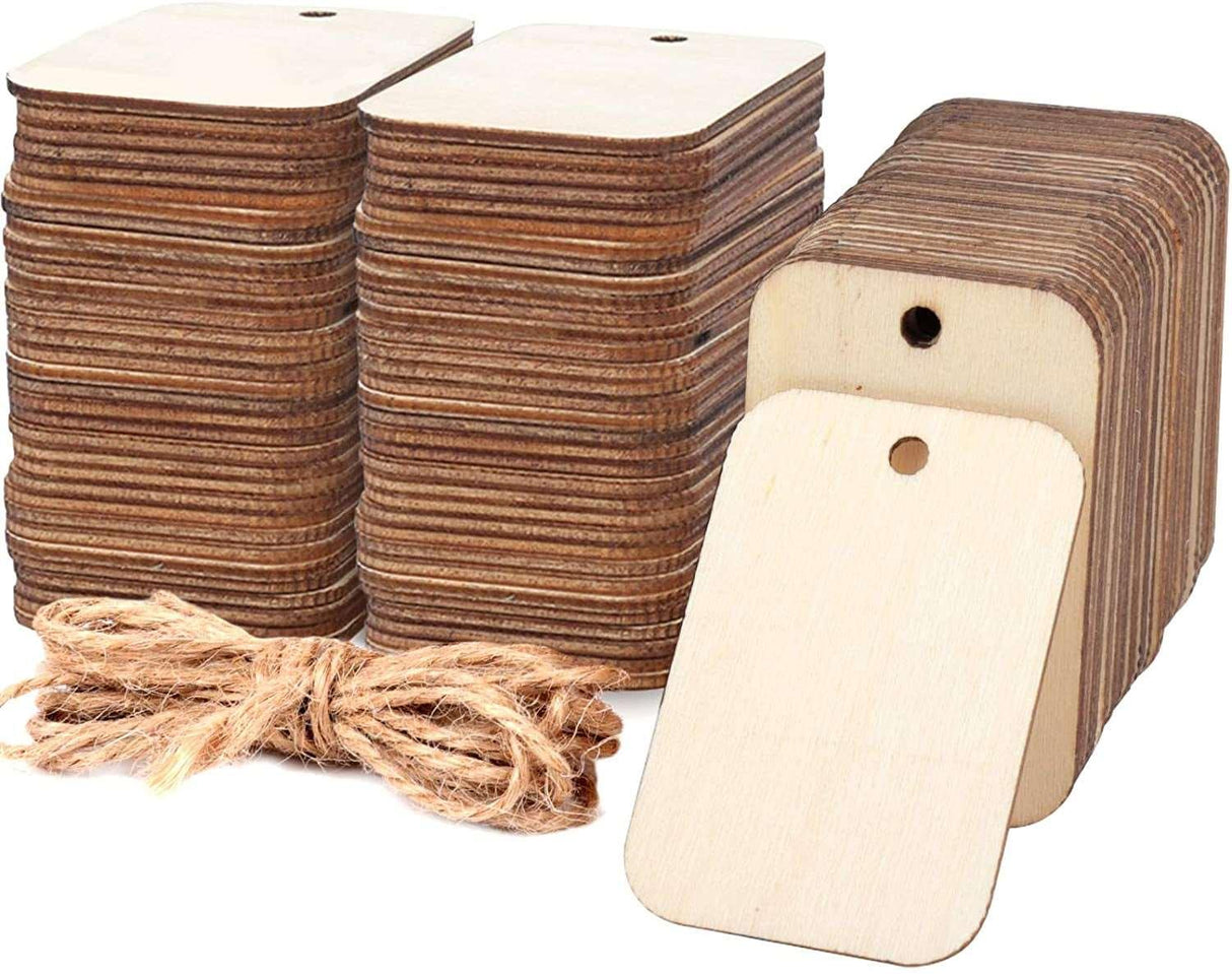 100 Pcs Unfinished Wood Pieces Rectangle-Shaped, Light Wooden Cutout Natural Rustic with Hole, and 2M Hemp Rope (2” X 1.3”) WoodArtSupply