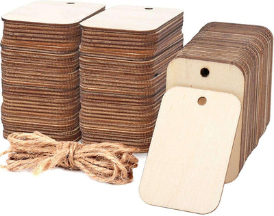 100 Pcs Unfinished Wood Pieces Rectangle-Shaped, Light Wooden Cutout Natural Rustic with Hole, and 2M Hemp Rope (2” X 1.3”)