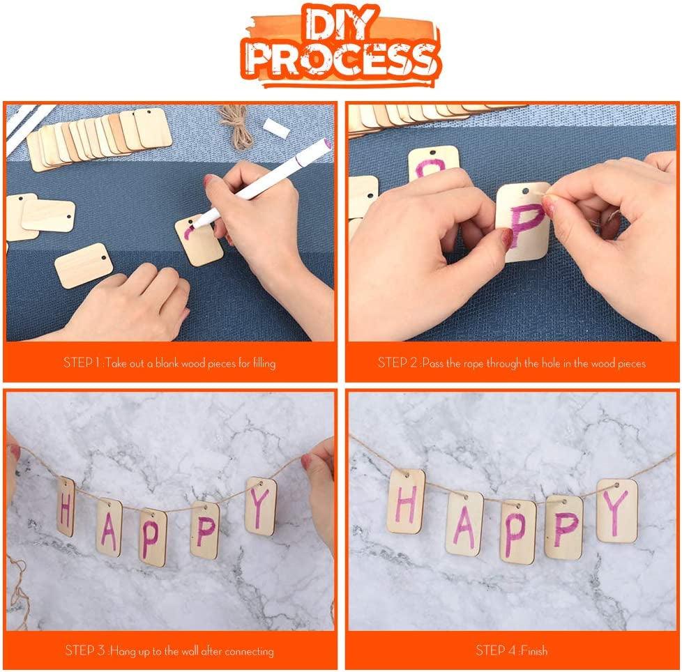 100 Pcs Unfinished Wood Pieces Rectangle-Shaped, Light Wooden Cutout Natural Rustic with Hole, and 2M Hemp Rope (2” X 1.3”) WoodArtSupply