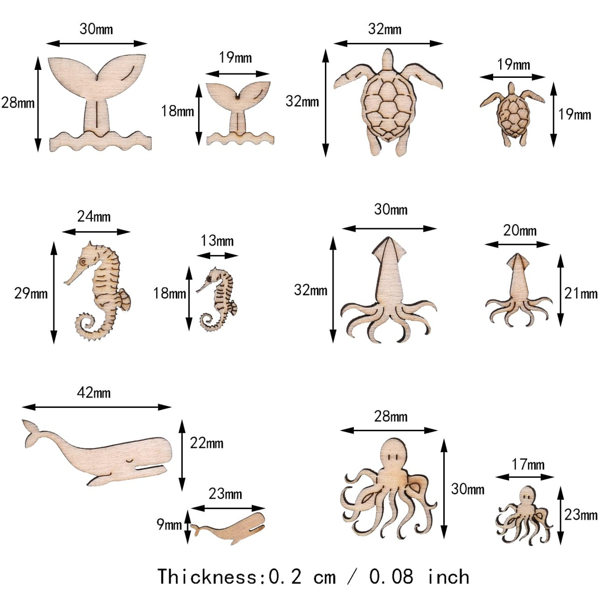 100 Pcs Unfinished Wooden Ocean Sea Animal Life Cutouts Blanks Whale Ocean Crafting Home Wooden Life Craft Art Project for Ornament Crafts Ynxee