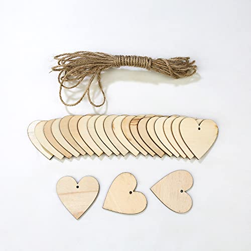 100 Pieces 2" Natural Heart Wood Slices, DIY Wooden Ornaments Unfinished Predrilled Wooden Heart Embellishments with Natural Twine for Valentine's Meetppy