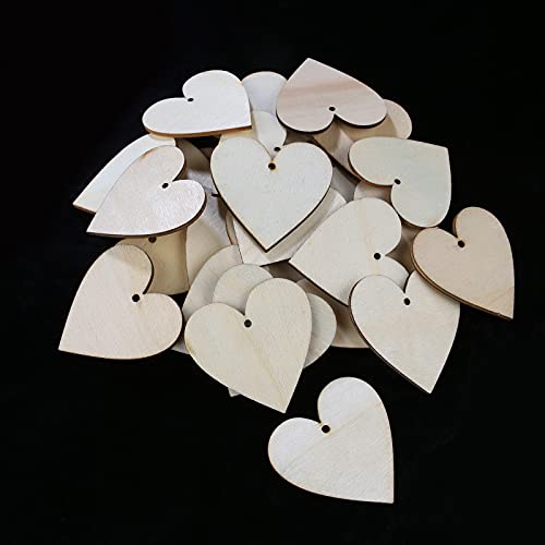 100 Pieces 2" Natural Heart Wood Slices, DIY Wooden Ornaments Unfinished Predrilled Wooden Heart Embellishments with Natural Twine for Valentine's Meetppy