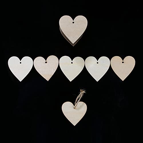 100 Pieces 2" Natural Heart Wood Slices, DIY Wooden Ornaments Unfinished Predrilled Wooden Heart Embellishments with Natural Twine for Valentine's Meetppy