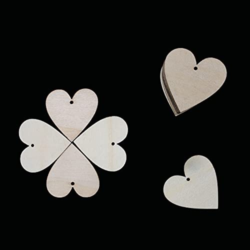 100 Pieces 2" Natural Heart Wood Slices, DIY Wooden Ornaments Unfinished Predrilled Wooden Heart Embellishments with Natural Twine for Valentine's Meetppy