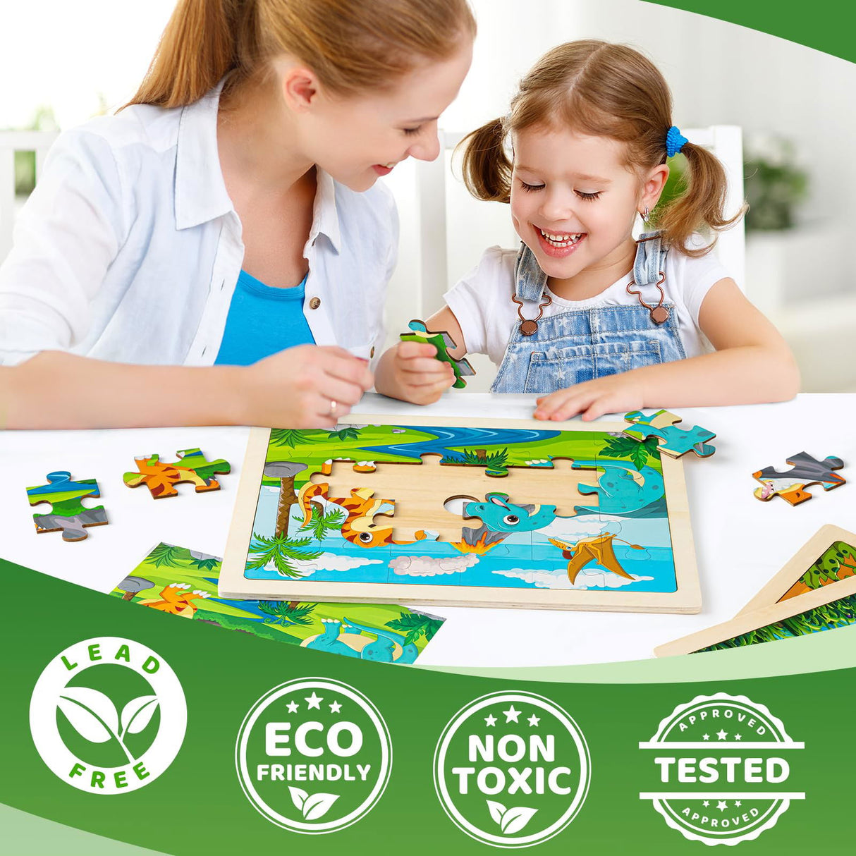 100 Pieces Deluxe Wooden Pastels Set with Blessing & 4 Packs Wooden Dinosaur Puzzles for Kids Ages 3-5 with Gift Case VigorFun