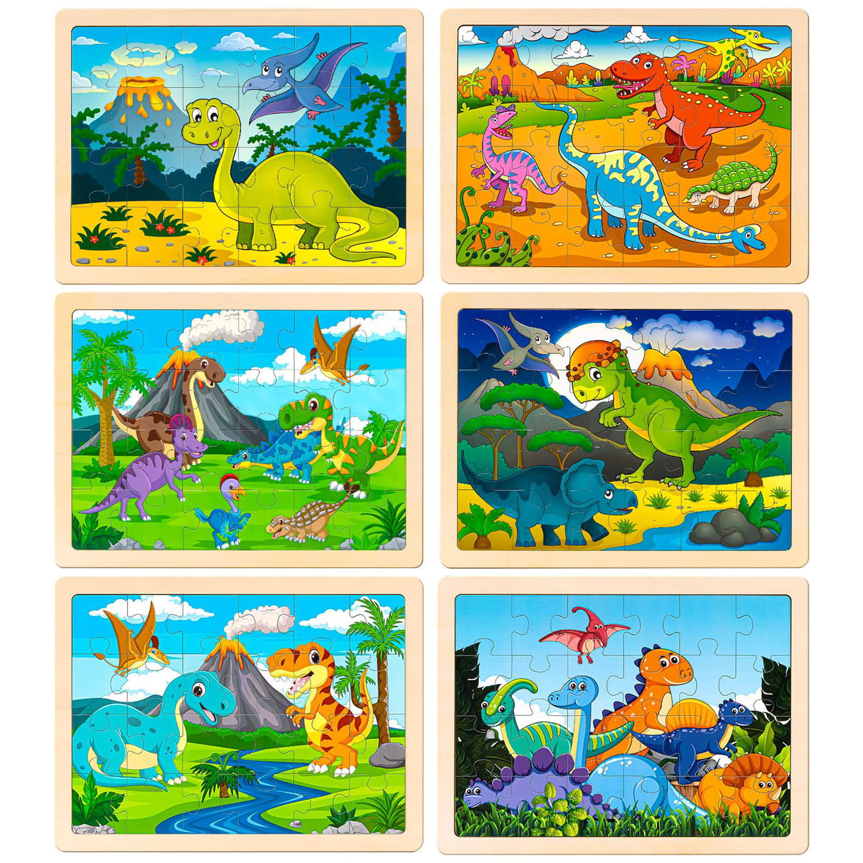 100 Pieces Deluxe Wooden Pastels Set with Blessing & 6 Pack Wooden Dinosaur Puzzles for Kids Ages 3-5 with Gift Case VigorFun