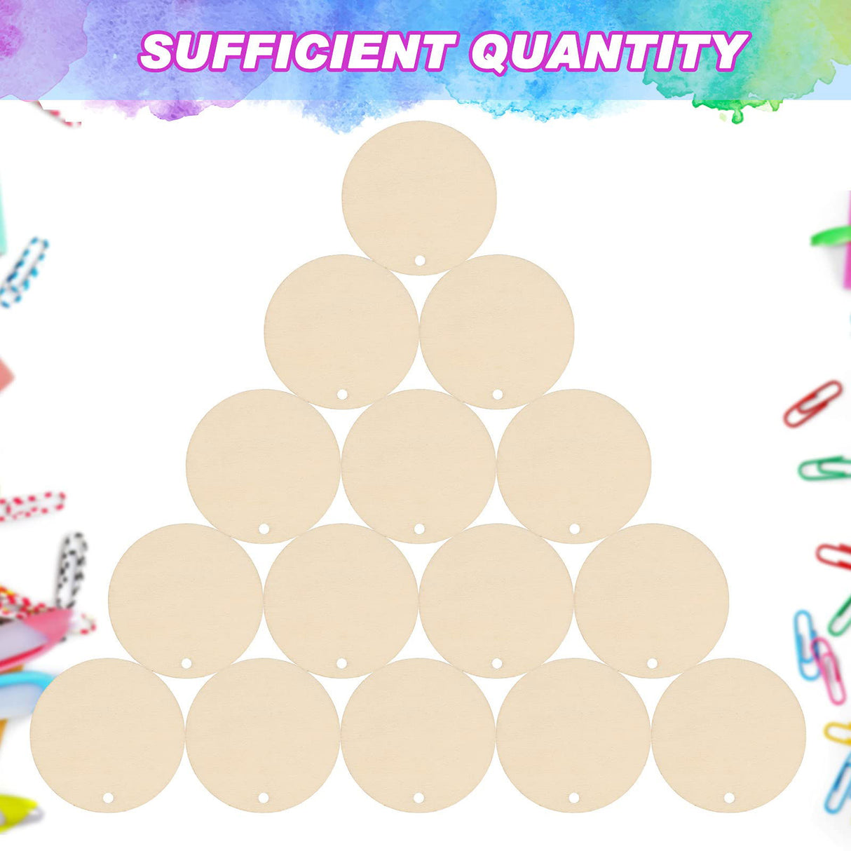 100 Pieces Unfinished Round Wooden Circles with Holes Round Wood Discs for Crafts Blank Natural Wood Circle Cutouts for DIY Crafts Party Birthday ROORUZ