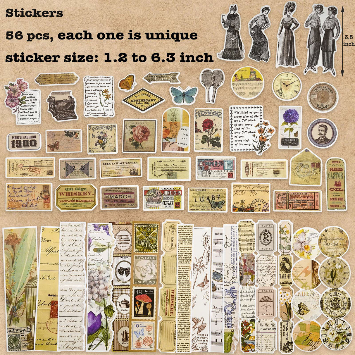 100 Pieces Vintage Ephemera Pack Junk Journal Kit Scrapbook Supplies Decoupage Paper Sticker Material for Art Journaling Bullet Journals Planners ARTSMONA