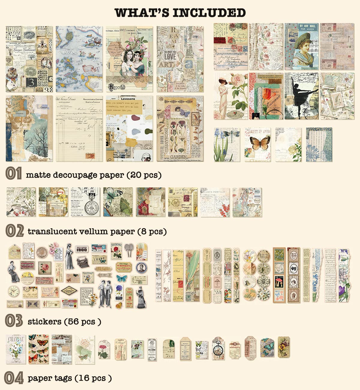 100 Pieces Vintage Ephemera Pack Junk Journal Kit Scrapbook Supplies Decoupage Paper Sticker Material for Art Journaling Bullet Journals Planners ARTSMONA