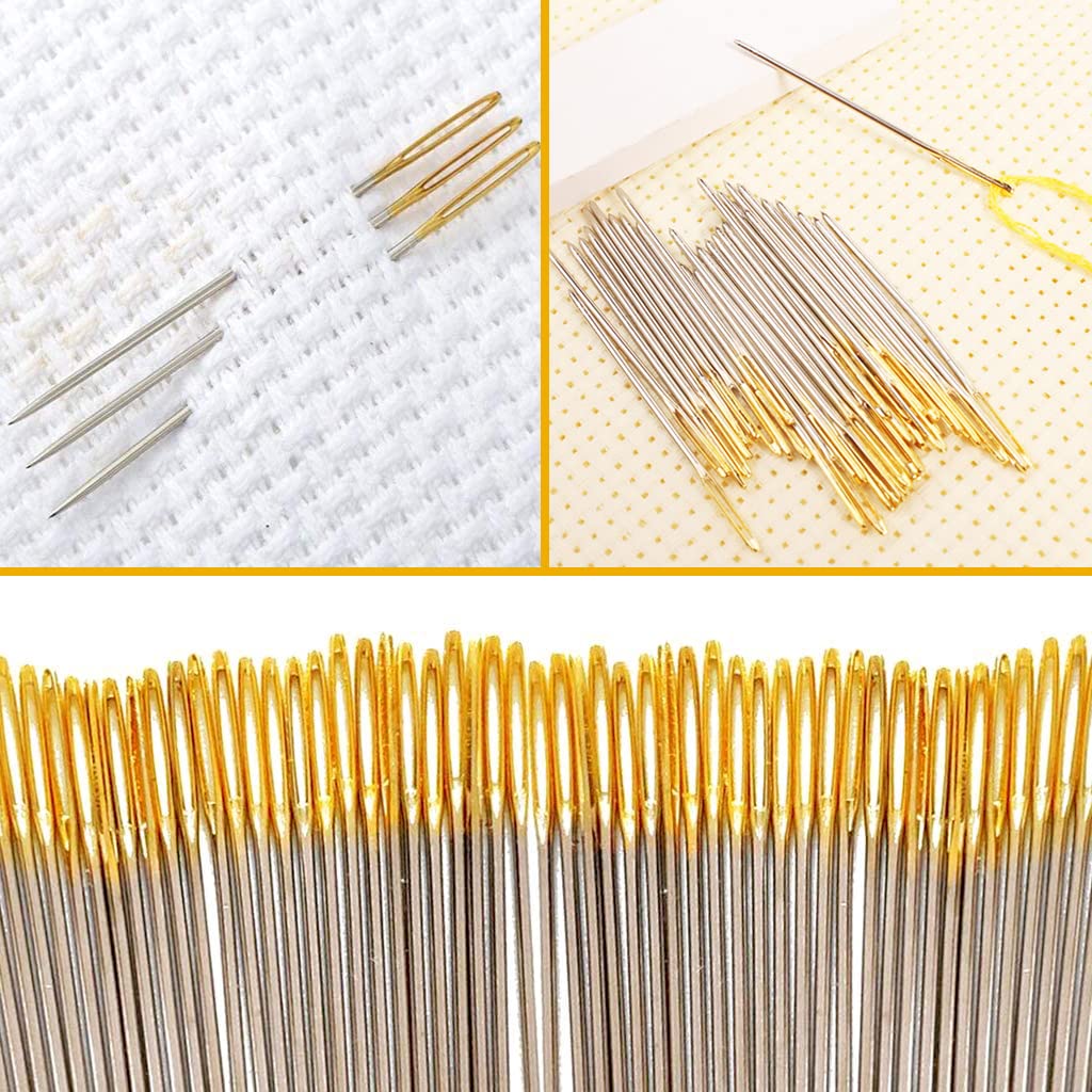 100pcs Cross Stitch Needles + 2 Needle Threader Golden Color Large Eyes Cross Stitch DIY Embroidery Hand Needles Sewing Needles in Transparent Box (26#) JIGEGE
