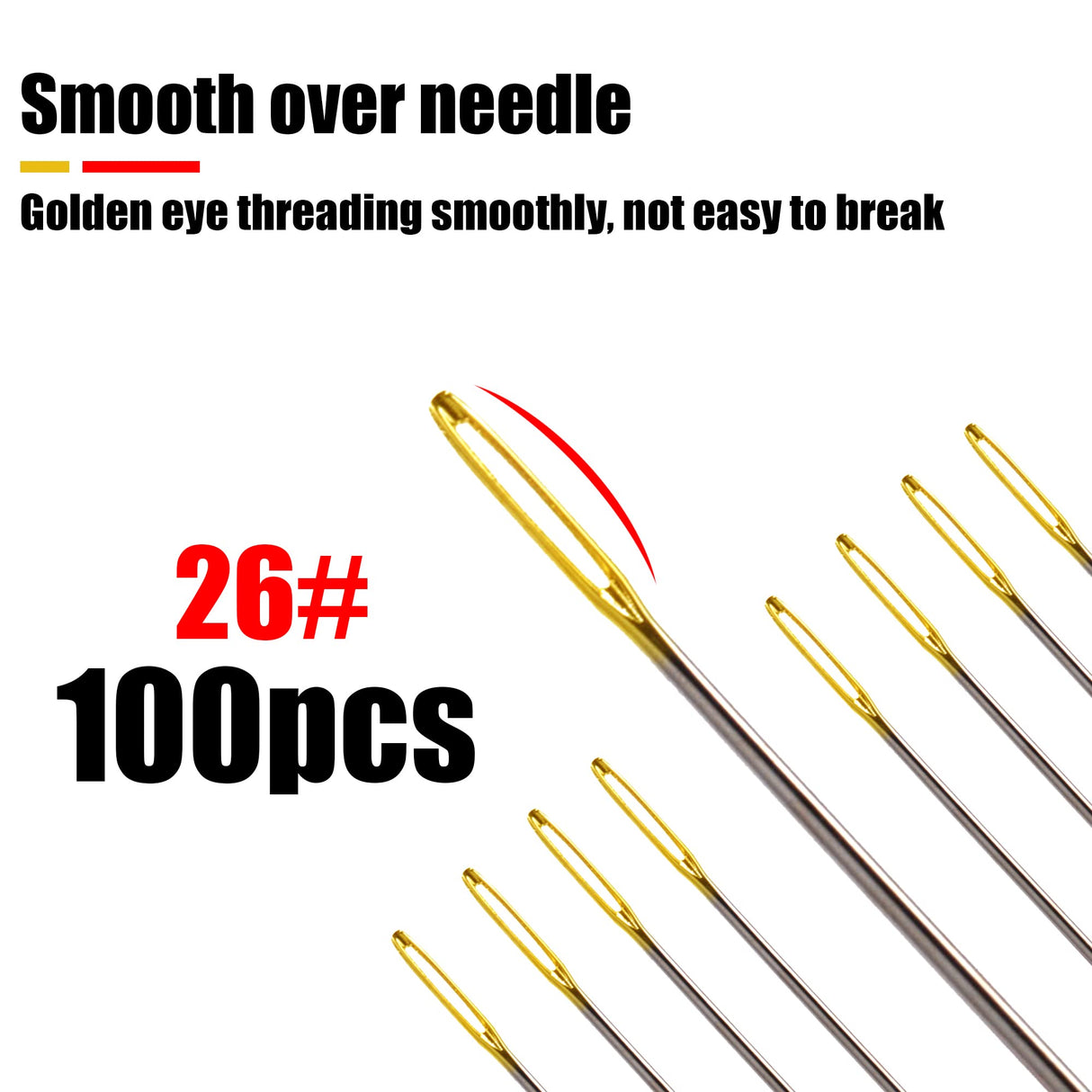 100pcs Cross Stitch Needles + 2 Needle Threader Golden Color Large Eyes Cross Stitch DIY Embroidery Hand Needles Sewing Needles in Transparent Box (26#) JIGEGE