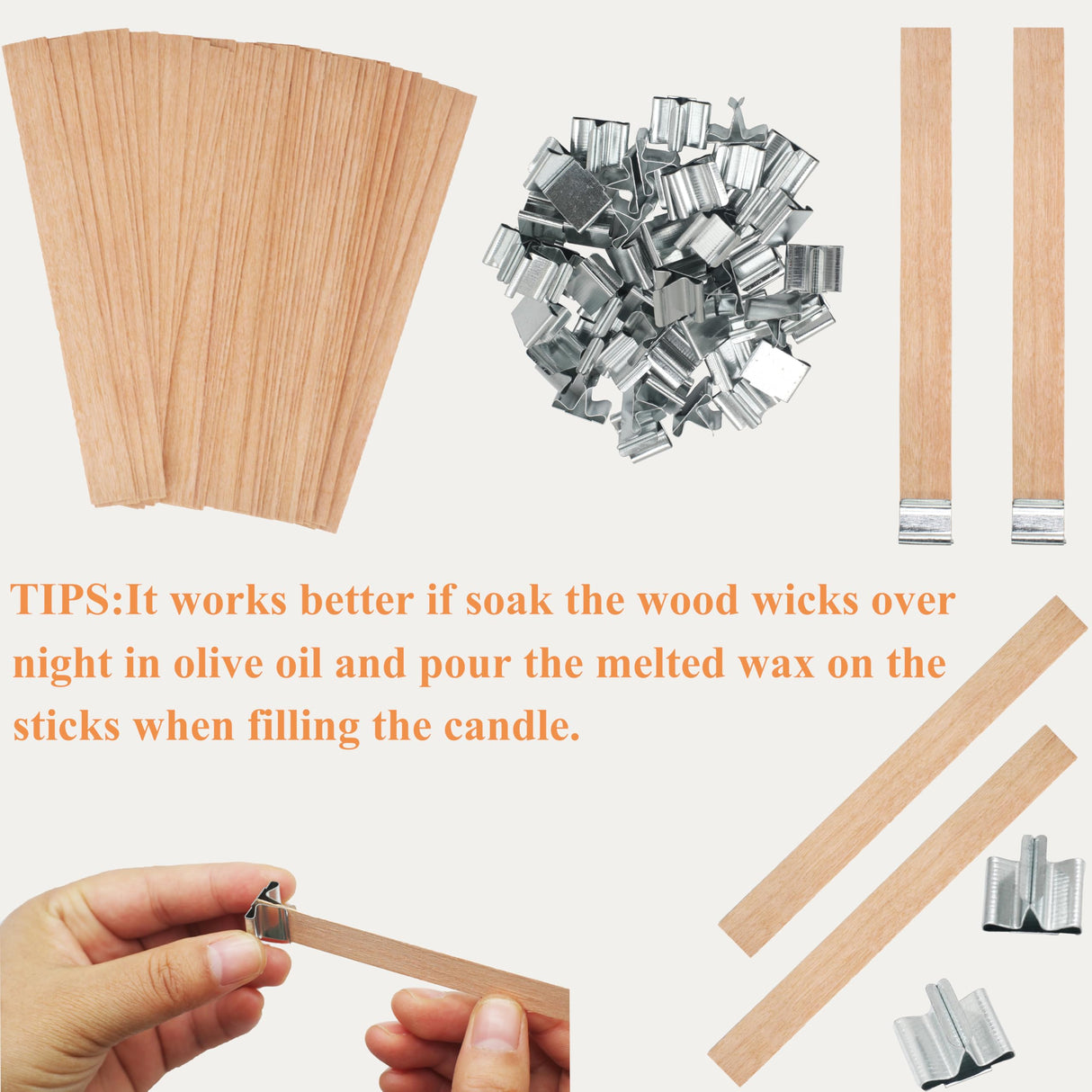 100pcs Wooden Candle Wicks 5.1 x 0.5 Inch, Smokeless Cherry Wood Wicks with Metal Clips, Includes Wick Trimmer, Perfect for Candle Making Kit and Soy Wax Candlemaking Bacofa