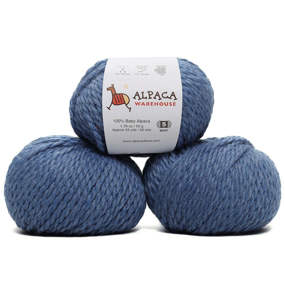 100% Baby Alpaca Yarn Wool Set of 3 Skeins Bulky Weight - Made in Peru - Heavenly Soft and Perfect for Knitting and Crocheting (Denim Blue, Bulky) Alpaca Warehouse