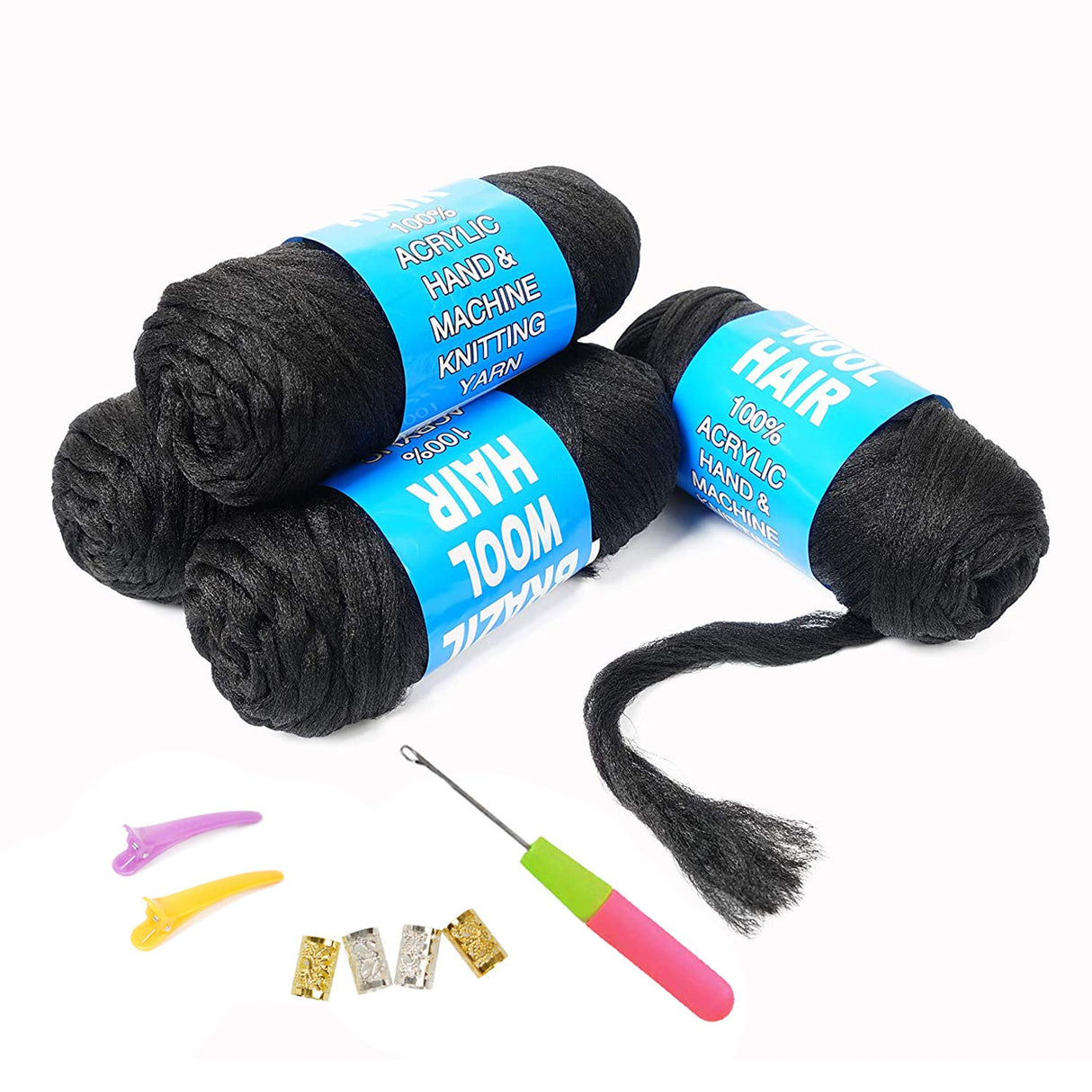 100% Brazilian Wool Hair Acrylic Yarn for African Braids/Senegalese Twist/Faux Locs/Wraps with Crochet Hook(4 Roll, Natural Black) Youngther