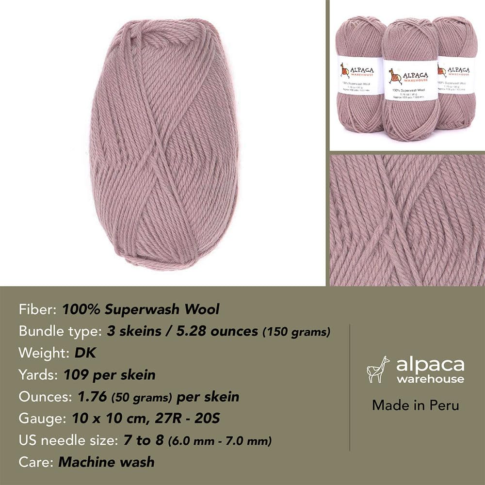 100% Pure Wool Yarn Superwash Set of 3 Skeins (150 Grams) DK Weight - Sourced Directly from Peru - Heavenly Soft and Perfect for Knitting and Crocheting (Antique Rose) Alpaca Warehouse
