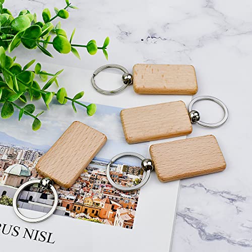 10Pcs Blanks Rectangle Wooden Keychain 1.2 inch Wood Engraving Unfinished Keychain with 10 pcs Key Rings for DIY Crafts Gift Accessories Tenalleys