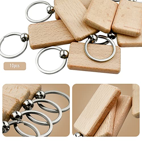 10Pcs Blanks Rectangle Wooden Keychain 1.2 inch Wood Engraving Unfinished Keychain with 10 pcs Key Rings for DIY Crafts Gift Accessories Tenalleys