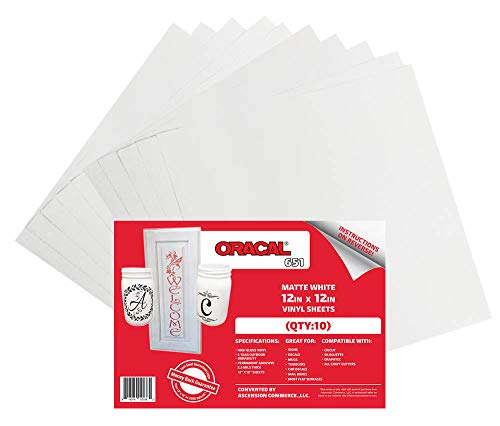 (10) 12" x 12" Sheets - Oracal 651 Matte White Adhesive Craft Vinyl for Cricut, Silhouette, Cameo, Craft Cutters, Printers, and Decals - Matte Finish ORACAL