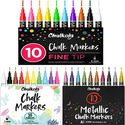 10 Fine Tip 3mm + 10 Neon Color 1mm + 10 Metallic 3mm Chalk Markers Bundle