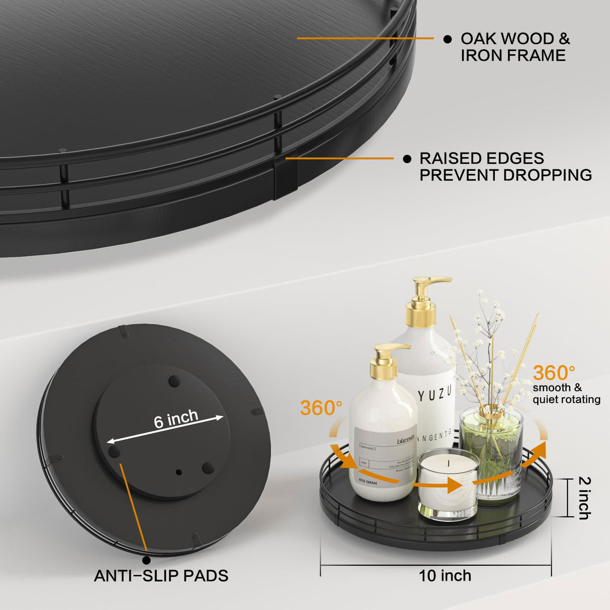 10" Oak Wood Lazy Susan Turntable Organizer, Lazy Susan for Cabinet Dining Table Pantry Kitchen Countertop Spice Bathroom Vanity Tray for Counter Dresser Sink Soap Holder Coffee Table Bar Decor Black Oroyutor