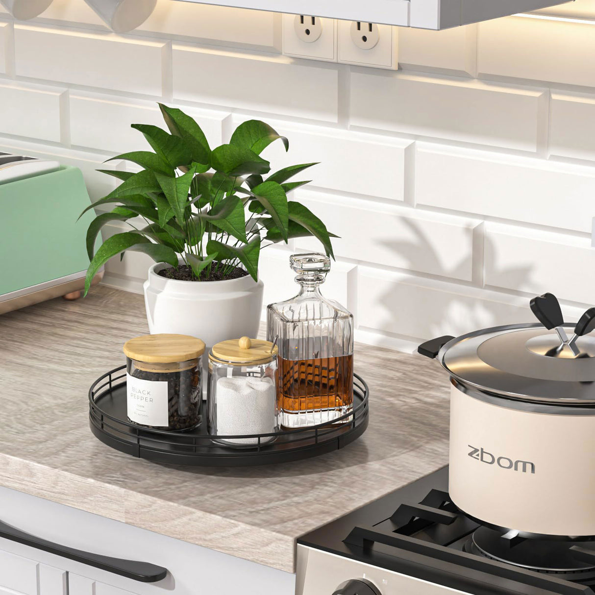 10" Oak Wood Lazy Susan Turntable Organizer, Lazy Susan for Cabinet Dining Table Pantry Kitchen Countertop Spice Bathroom Vanity Tray for Counter Dresser Sink Soap Holder Coffee Table Bar Decor Black Oroyutor