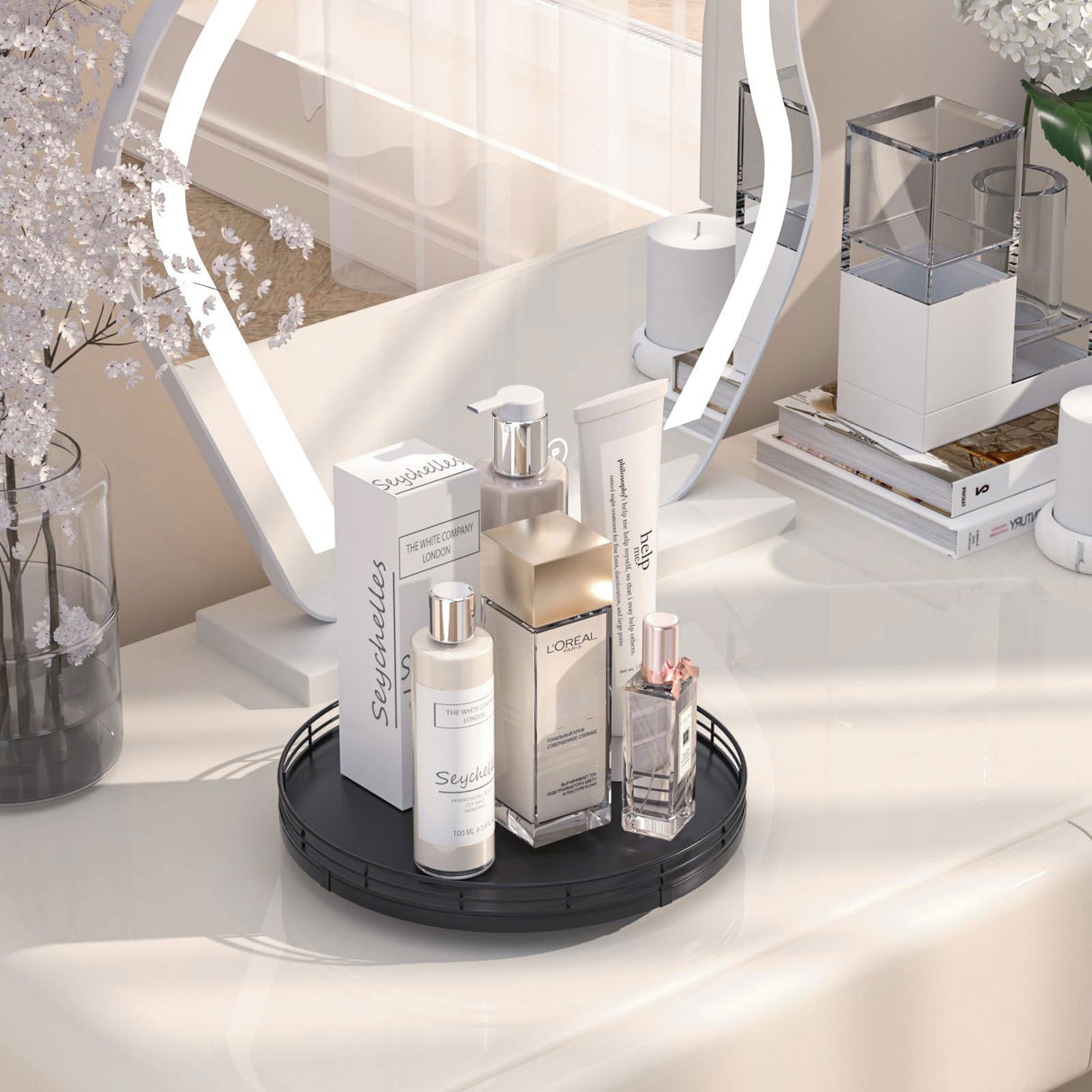 10" Oak Wood Lazy Susan Turntable Organizer, Lazy Susan for Cabinet Dining Table Pantry Kitchen Countertop Spice Bathroom Vanity Tray for Counter Dresser Sink Soap Holder Coffee Table Bar Decor Black Oroyutor