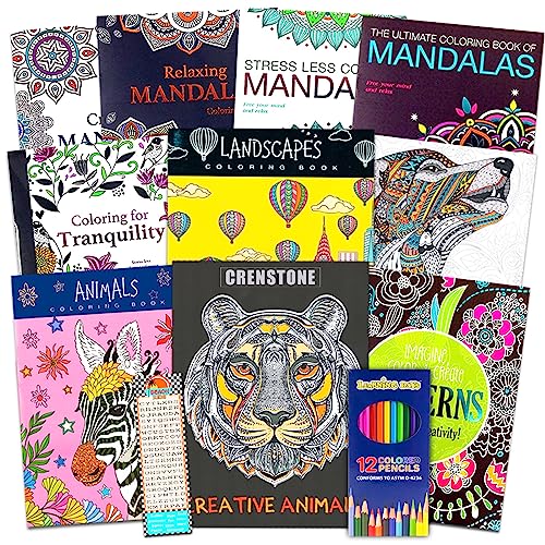10 Pack Adult Coloring Book Super Set - Bundle with 10 Adult Coloring Books for Women, Men Featuring Mandalas and More Plus Colored Pencils and Crenstone