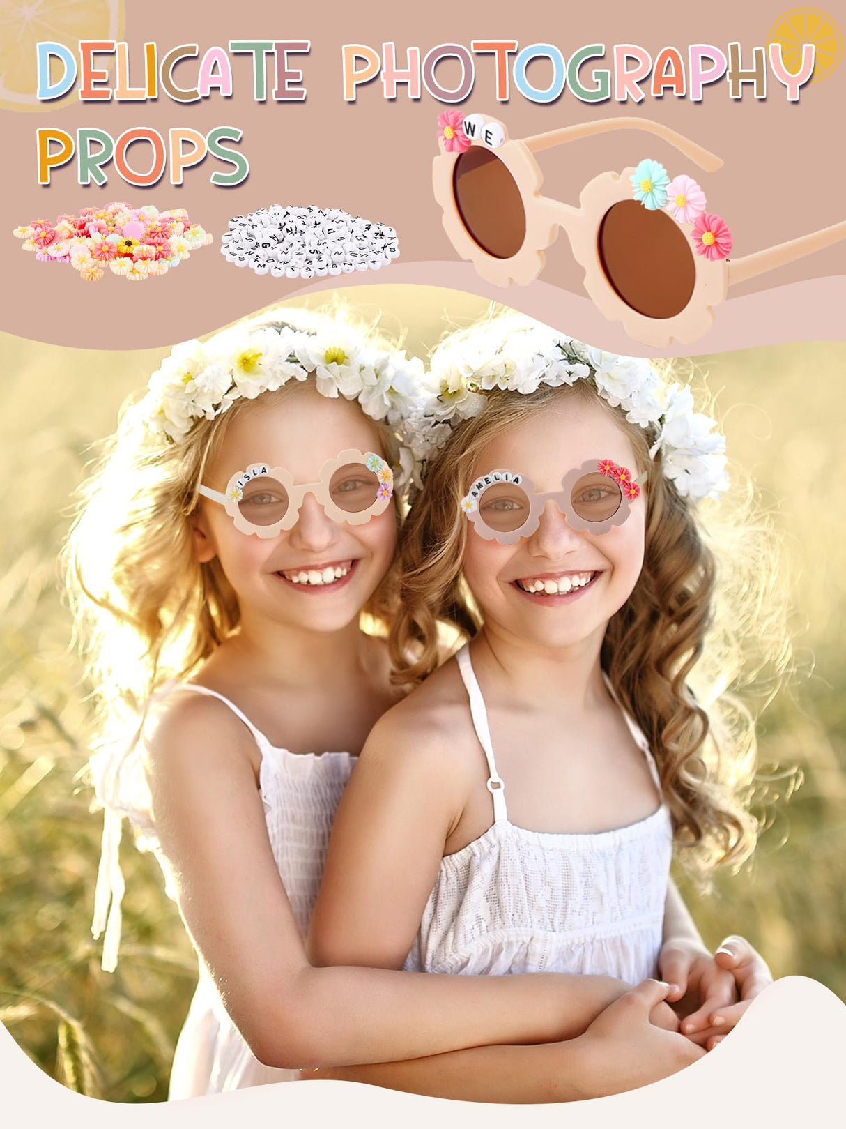 10 Pairs Kids Round Flower Sunglasses Glasses Outdoor Eyewear for Kid with 50 Daisy 100 Random Letter Beads (Elegant Color) Dunzy
