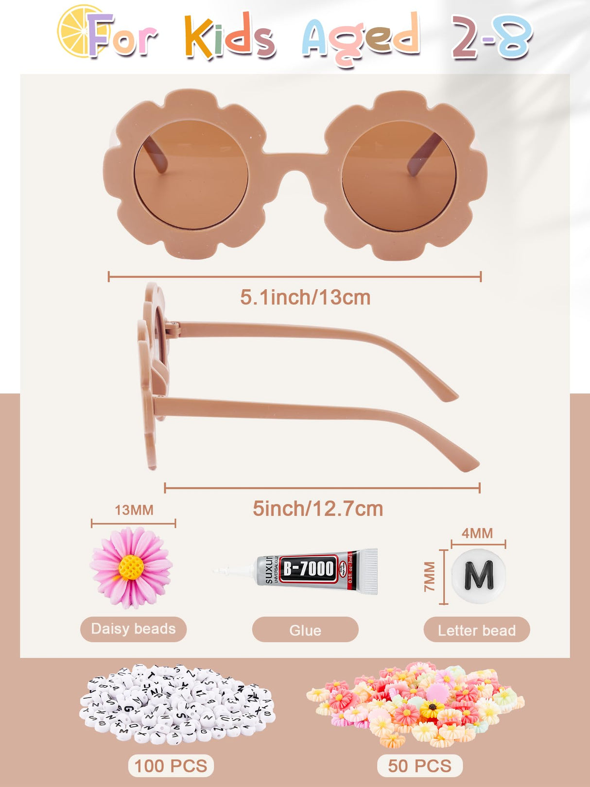 10 Pairs Kids Round Flower Sunglasses Glasses Outdoor Eyewear for Kid with 50 Daisy 100 Random Letter Beads (Elegant Color) Dunzy