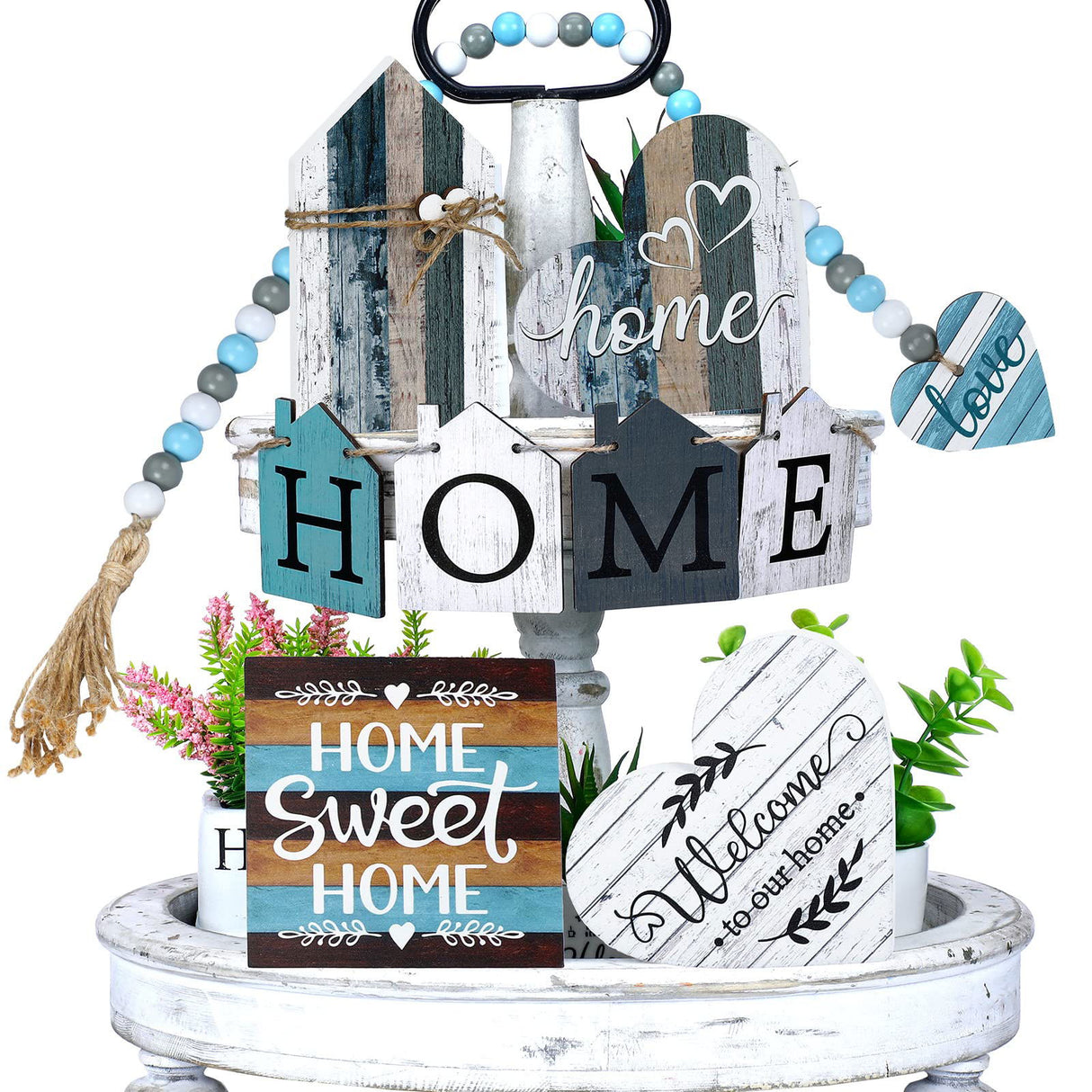 10 Pcs Farmhouse Tiered Tray Decor Farmhouse Home Decor Mini Signs Rustic Tiered Tray Signs Home Wood Sign Cutting Broad House Shaped Table Decor Buffalo Plaid Wooden Farm Sign (Retro Home Style) Yulejo