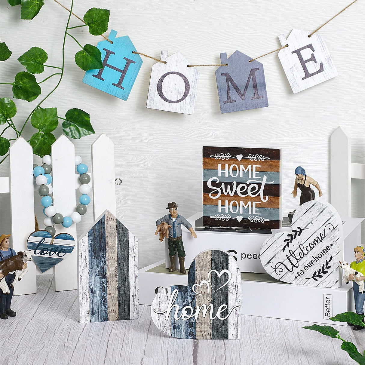 10 Pcs Farmhouse Tiered Tray Decor Farmhouse Home Decor Mini Signs Rustic Tiered Tray Signs Home Wood Sign Cutting Broad House Shaped Table Decor Buffalo Plaid Wooden Farm Sign (Retro Home Style) Yulejo